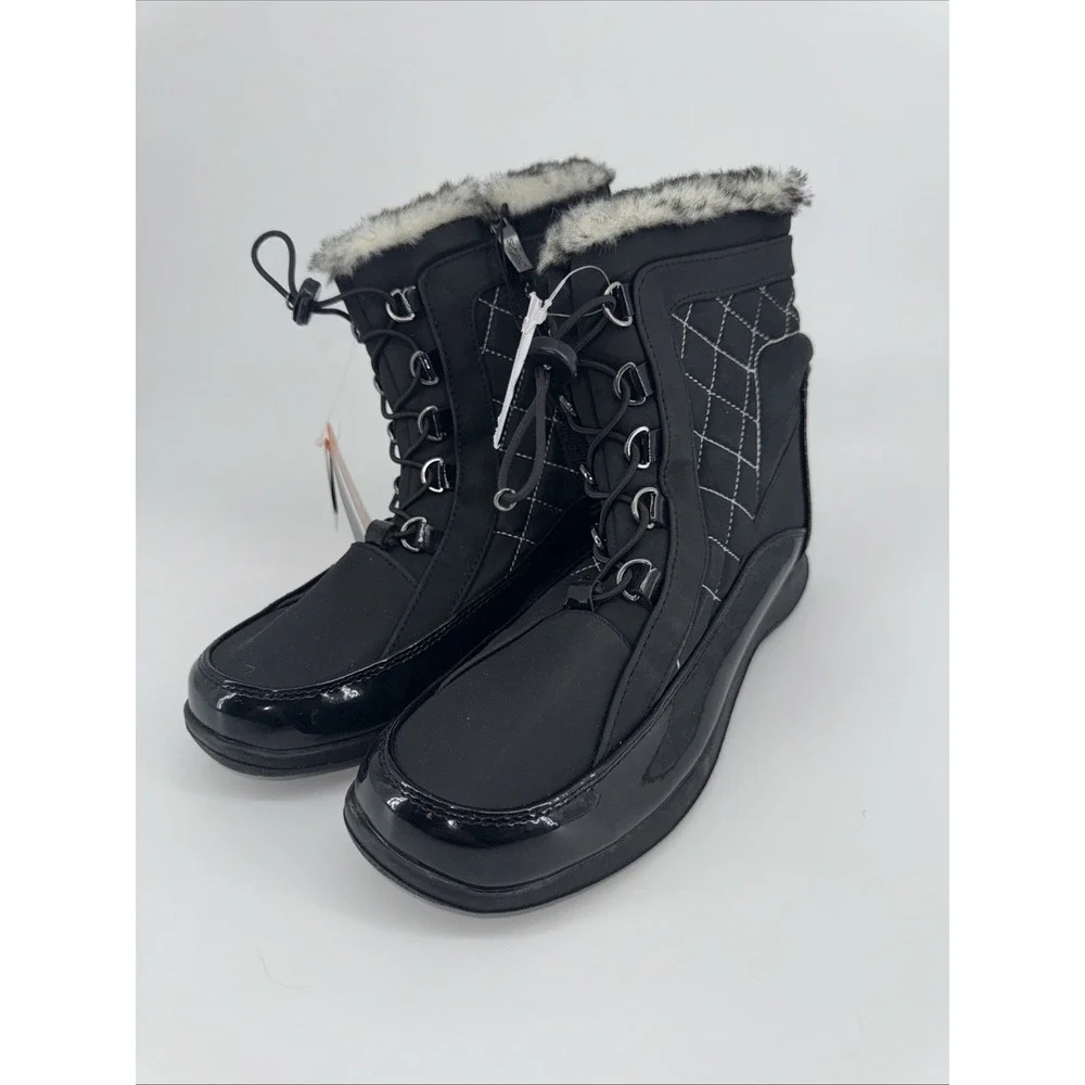 Women's SPORTO Snow Boots Black Iceland Fur Quilted Sz 9 Patent Accents